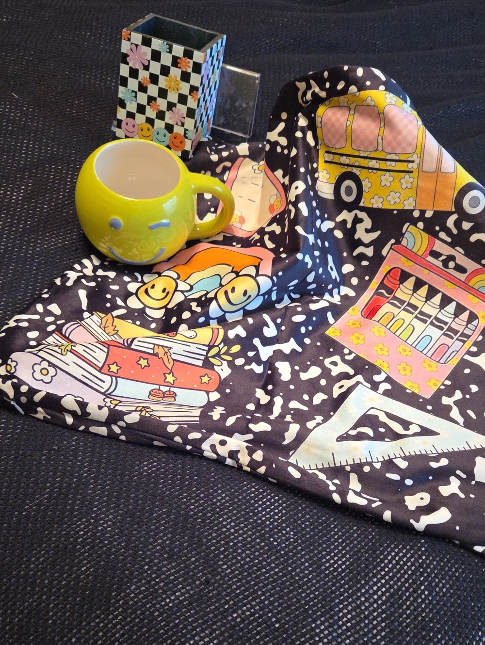 Smiley School Bus & Crayon Pillow Cover, Pencil Cup & Neon Smiley Mug